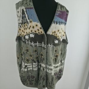 Vtg Northern Reflections Sweater Vest Large Sunflowers Sheep Landscape Sz Large